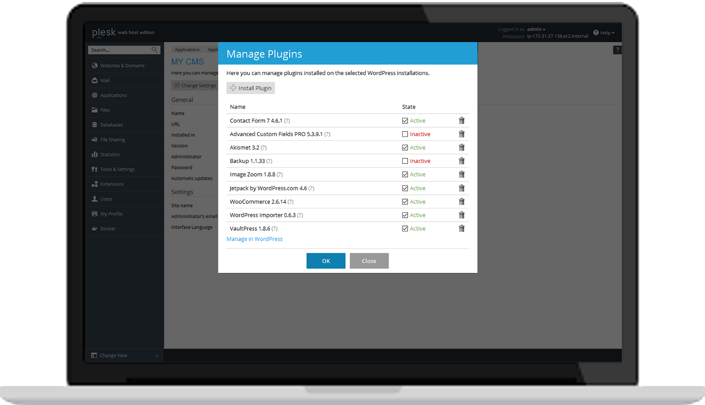 Manage plugins with Plesk Onyx