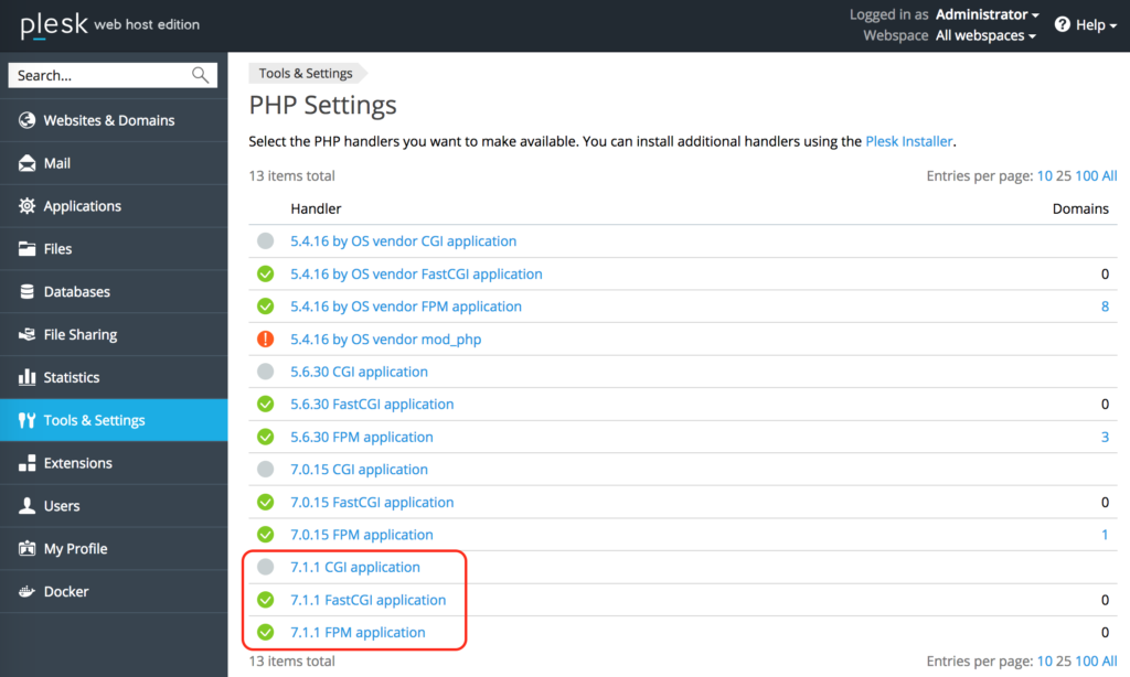 PHP 7.1.1 - Plesk PHP Settings