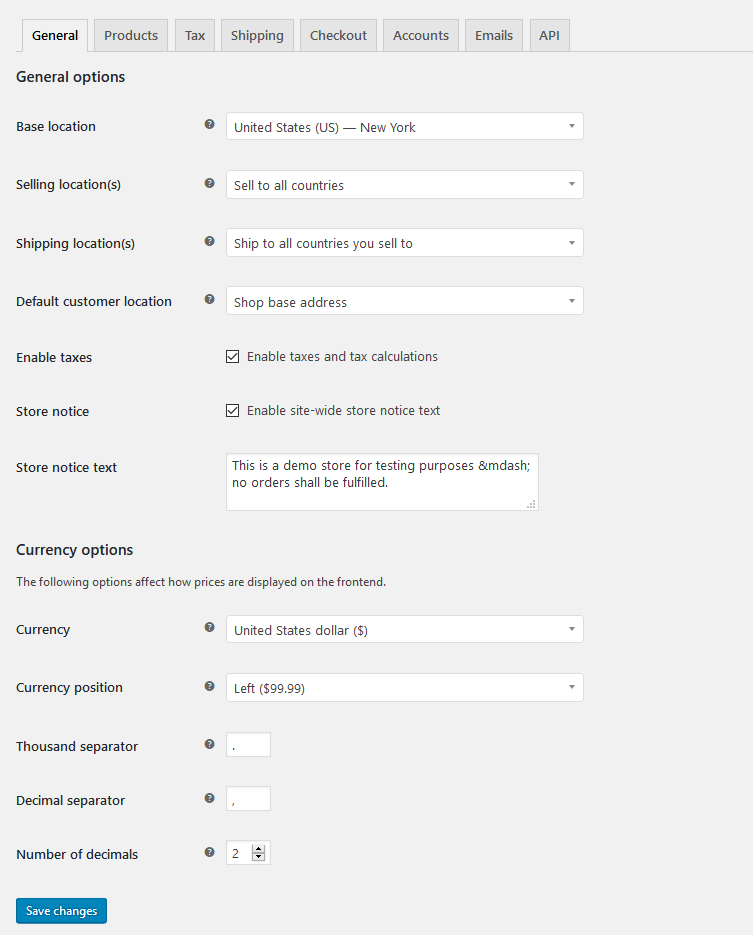 WooCommerce setup - general settings